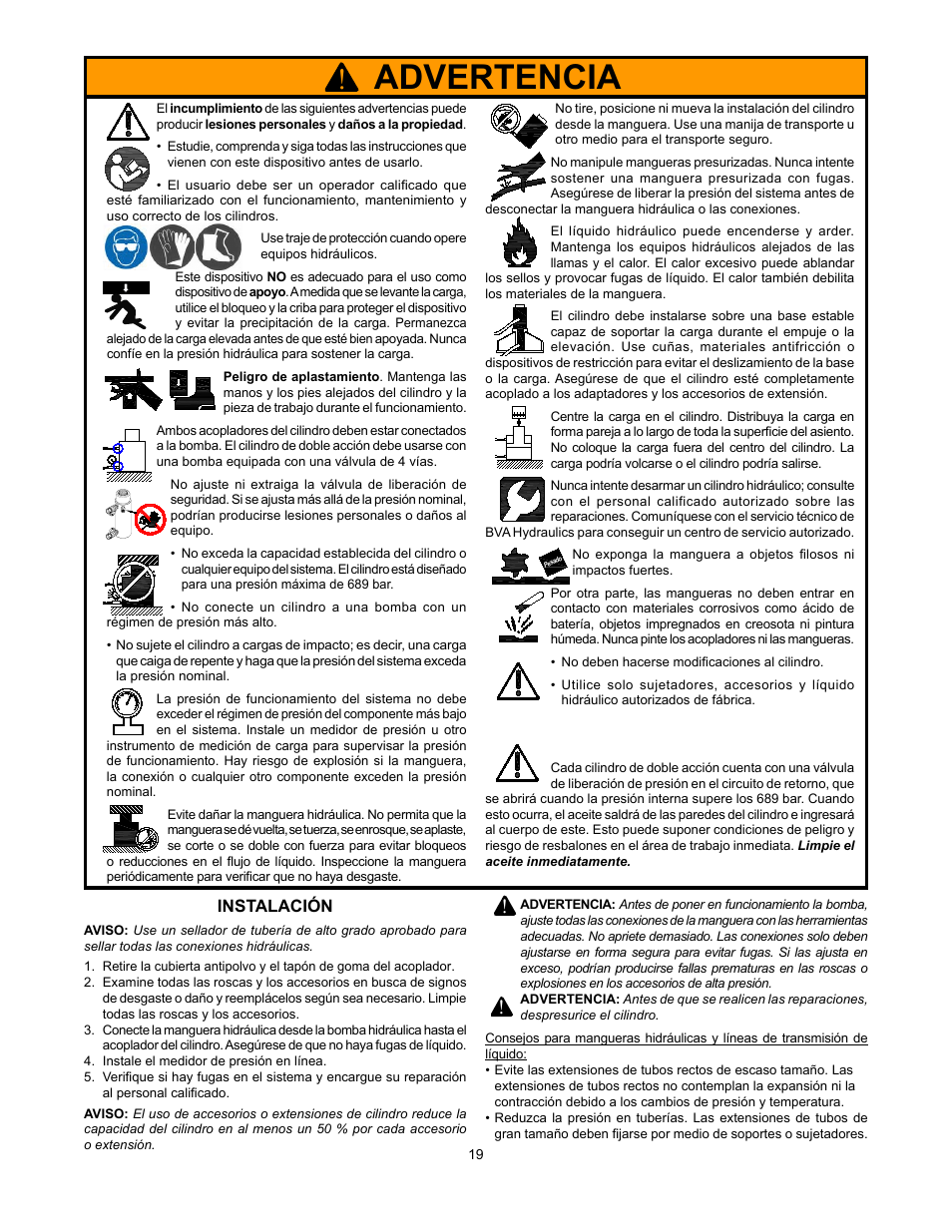 Advertencia, Instalación | BVA Hydraulics HPD1610 User Manual | Page 19 / 24