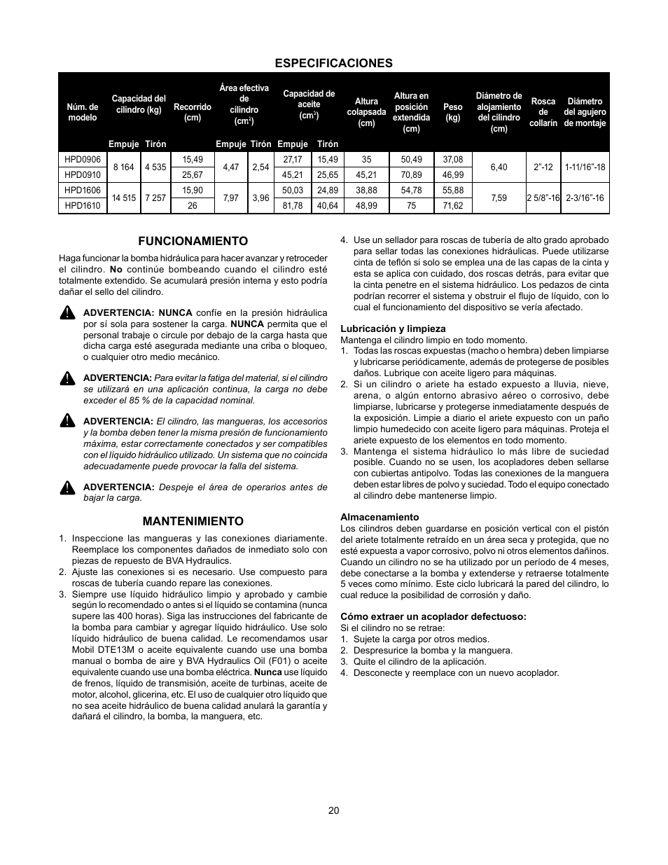 Funcionamiento, Mantenimiento, Especificaciones | BVA Hydraulics HPD1610 User Manual | Page 20 / 24