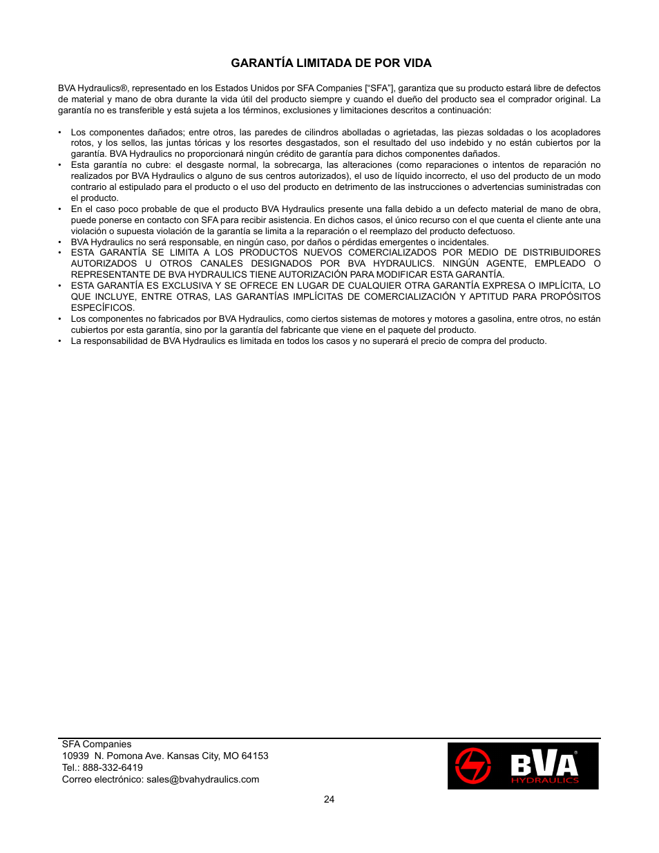 Garantía limitada de por vida | BVA Hydraulics HPD1610 User Manual | Page 24 / 24