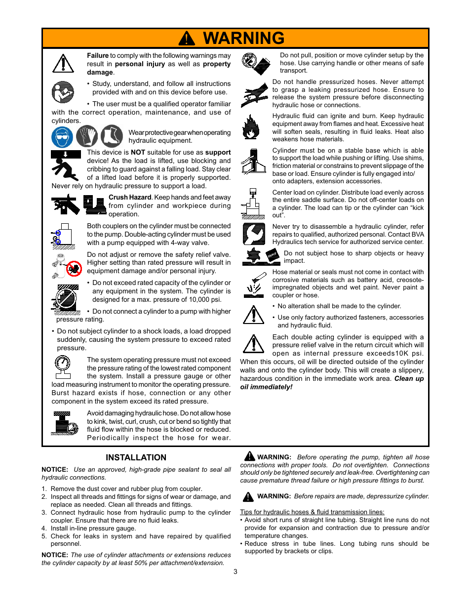 Warning | BVA Hydraulics HPD1610 User Manual | Page 3 / 24