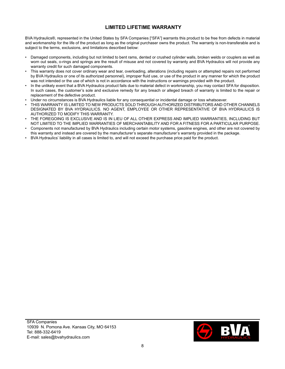 Limited lifetime warranty | BVA Hydraulics HPD1610 User Manual | Page 8 / 24