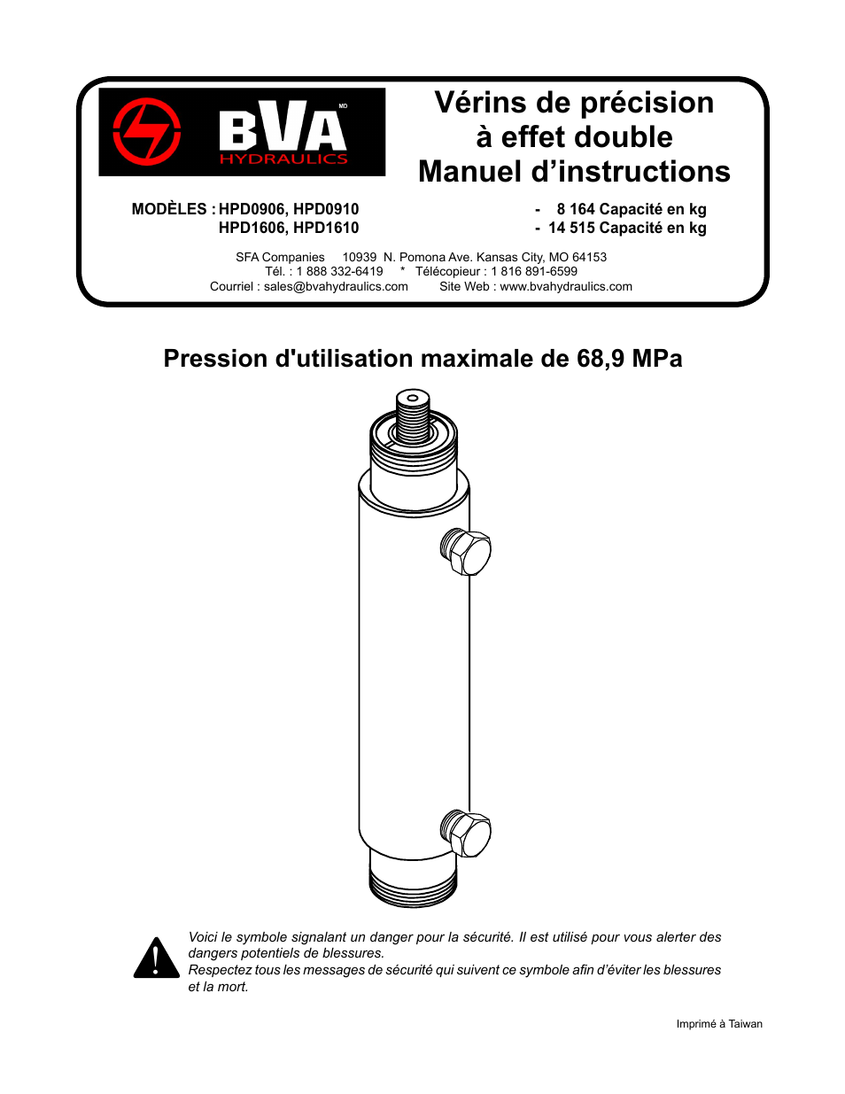 Pression d'utilisation maximale de 68,9 mpa | BVA Hydraulics HPD1610 User Manual | Page 9 / 24