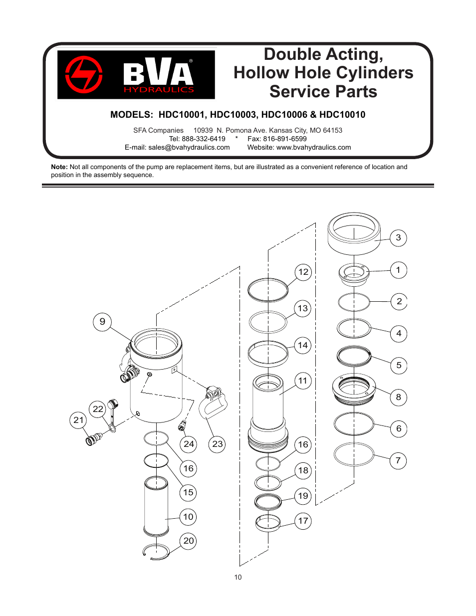Double acting, hollow hole cylinders service parts | BVA Hydraulics HDC15008 User Manual | Page 10 / 42