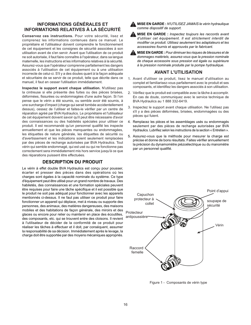 Description du produit, Avant l'utilisation | BVA Hydraulics HDC15008 User Manual | Page 16 / 42