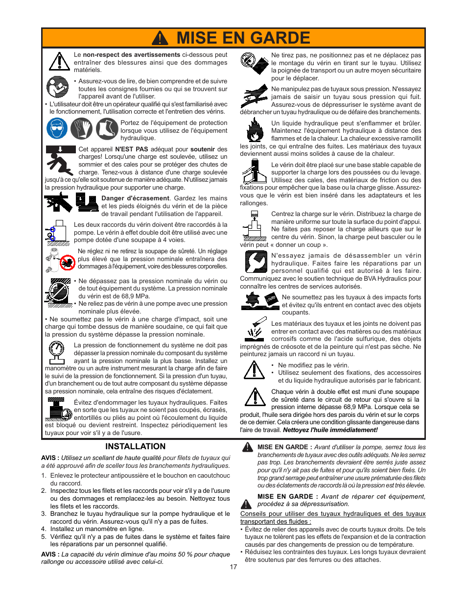 Mise en garde, Installation | BVA Hydraulics HDC15008 User Manual | Page 17 / 42