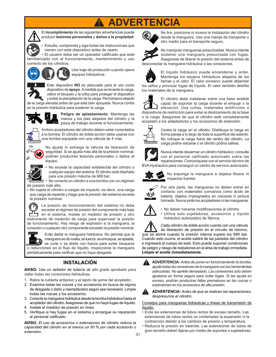 Advertencia, Instalación | BVA Hydraulics HDC15008 User Manual | Page 31 / 42