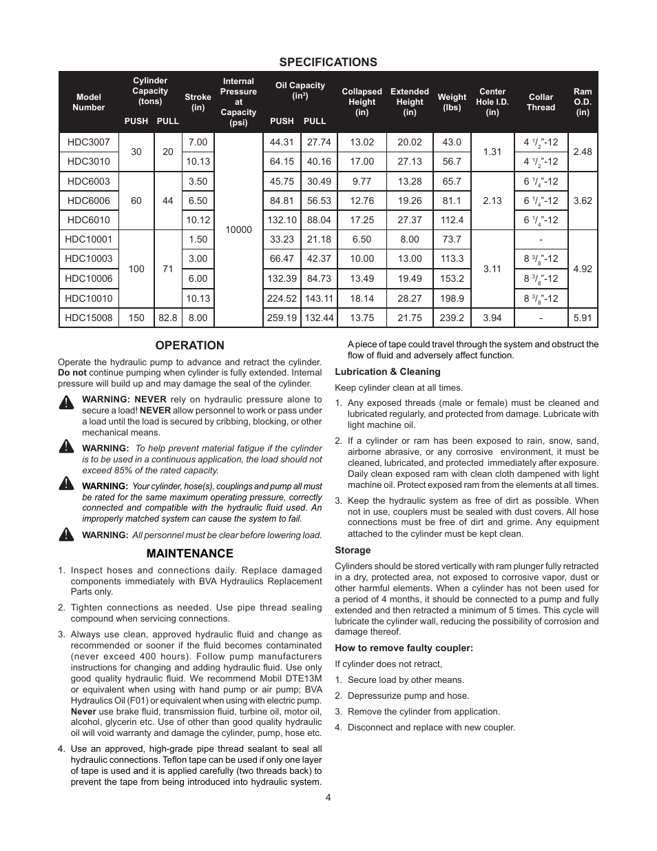 Specifications, Operation, Maintenance | BVA Hydraulics HDC15008 User Manual | Page 4 / 42