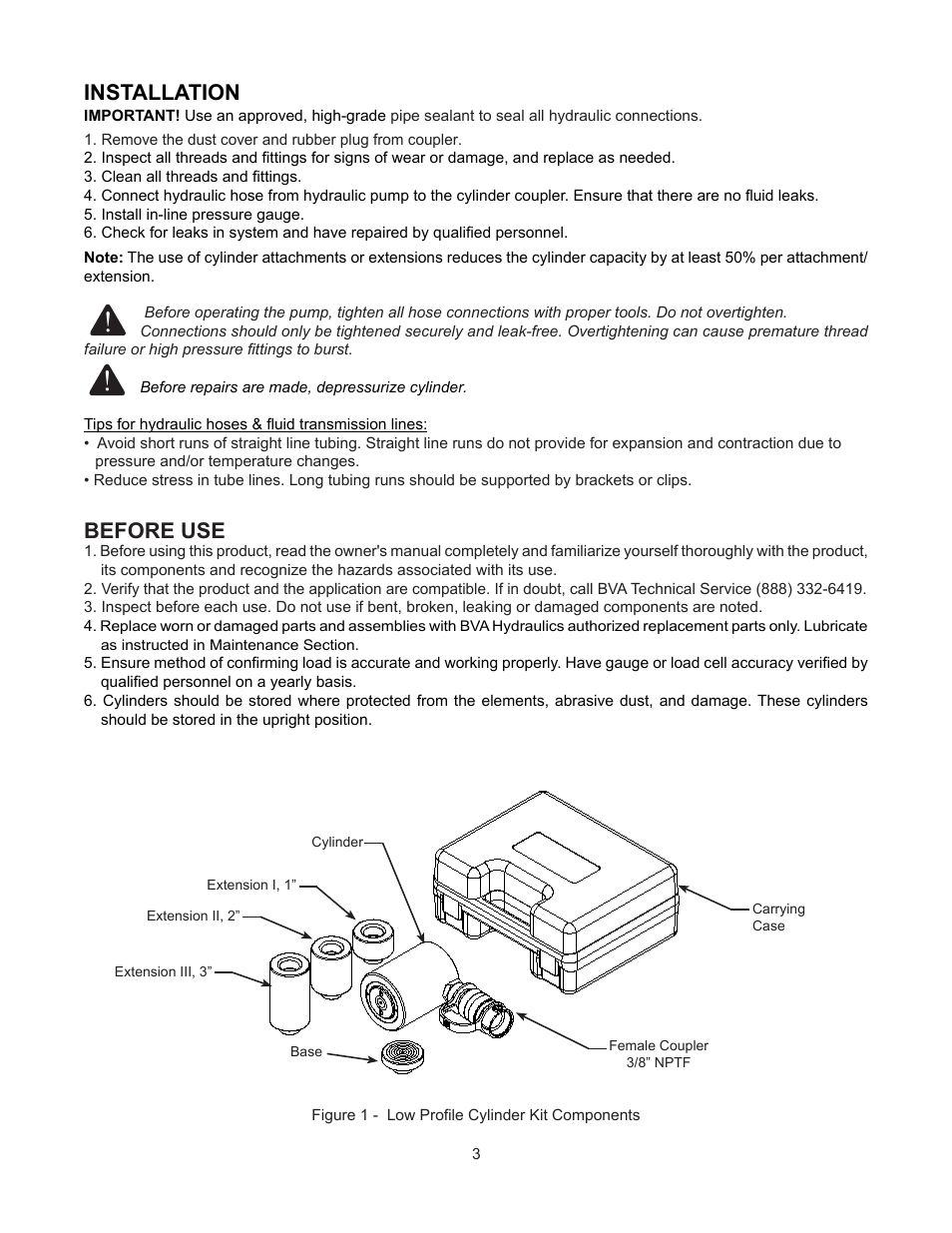 Installation, Before use | BVA Hydraulics J72101 User Manual | Page 3 / 8