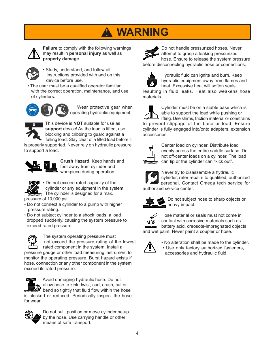 Warning | BVA Hydraulics J72101 User Manual | Page 4 / 8