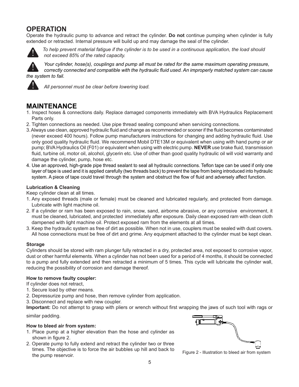 Operation, Maintenance | BVA Hydraulics J72101 User Manual | Page 5 / 8