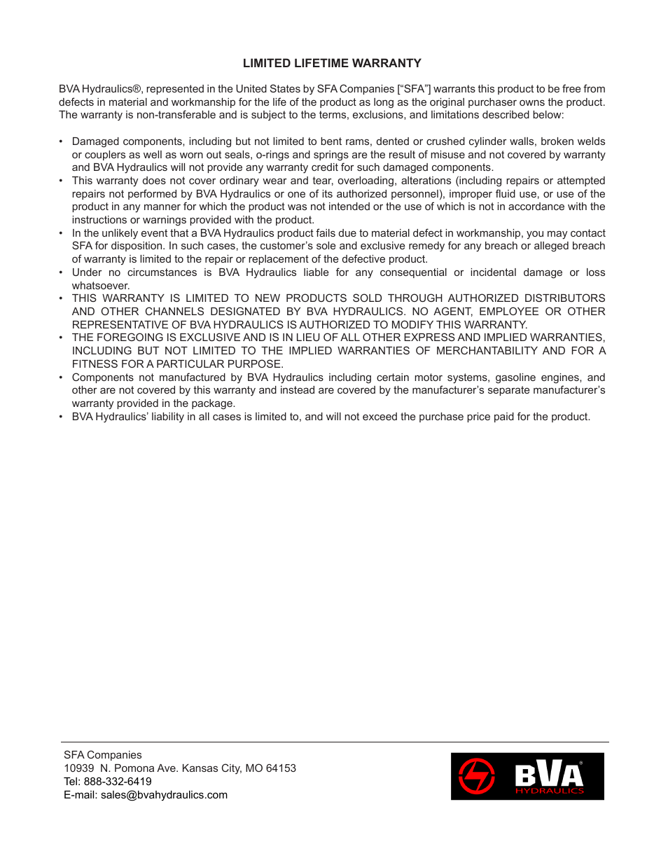 BVA Hydraulics J72101 User Manual | Page 8 / 8