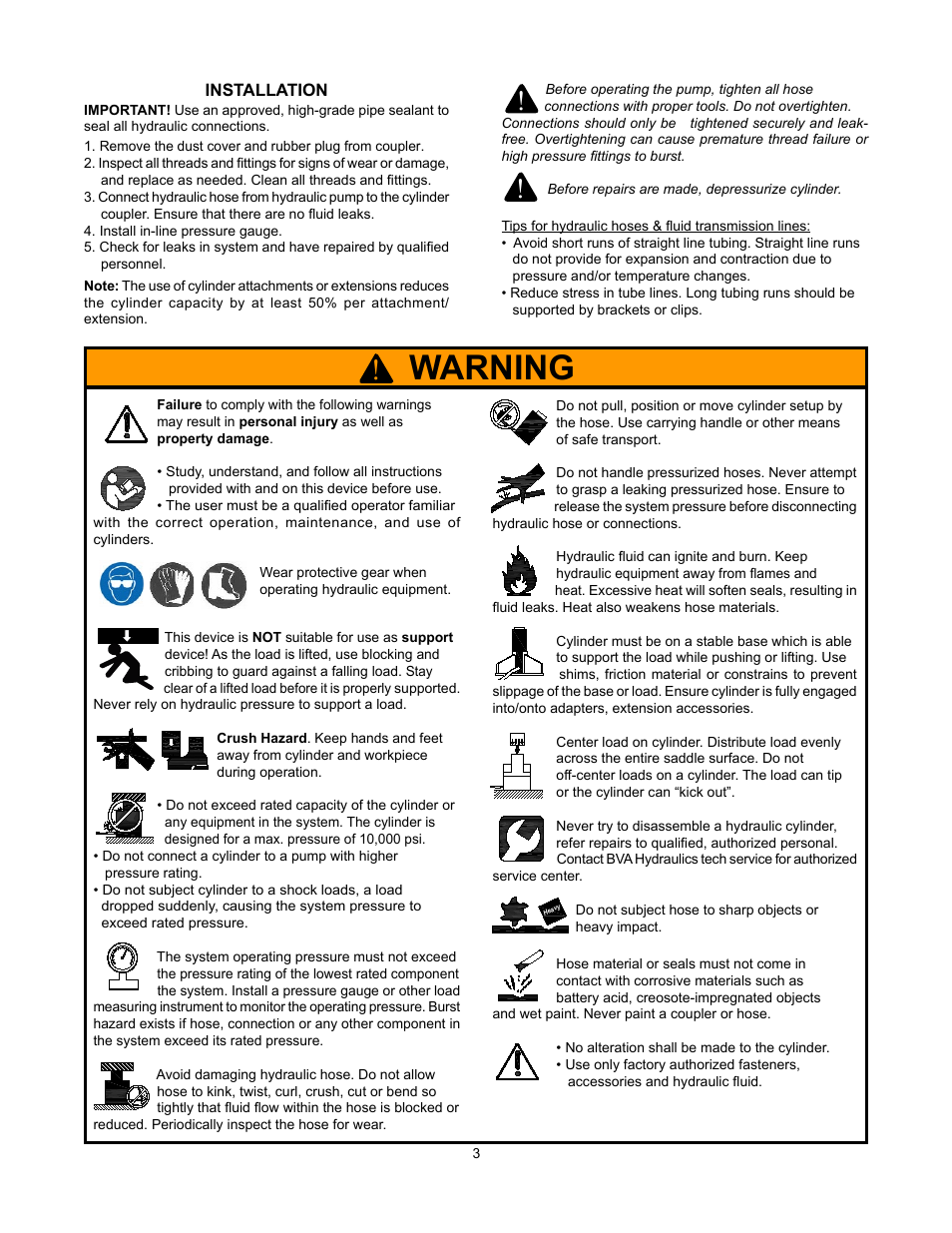 Warning | BVA Hydraulics HF1005B User Manual | Page 3 / 8