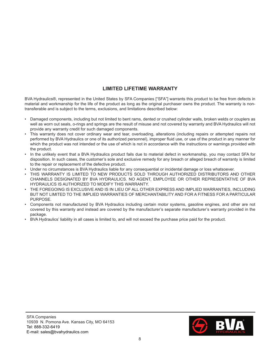 BVA Hydraulics HT2005 User Manual | Page 8 / 8