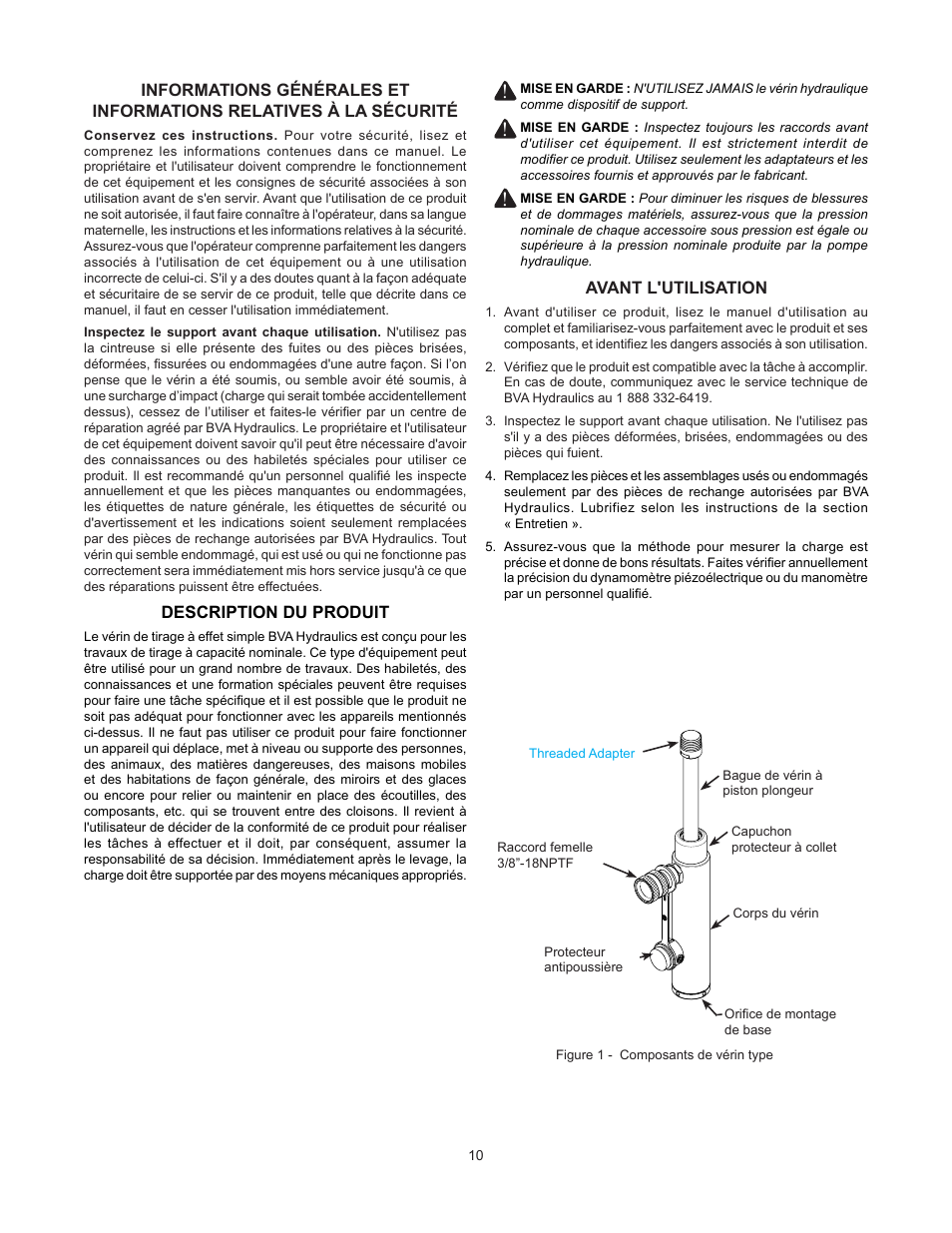 Description du produit, Avant l'utilisation | BVA Hydraulics HP1006 User Manual | Page 10 / 24