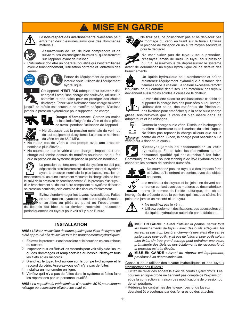 Mise en garde, Installation | BVA Hydraulics HP1006 User Manual | Page 11 / 24