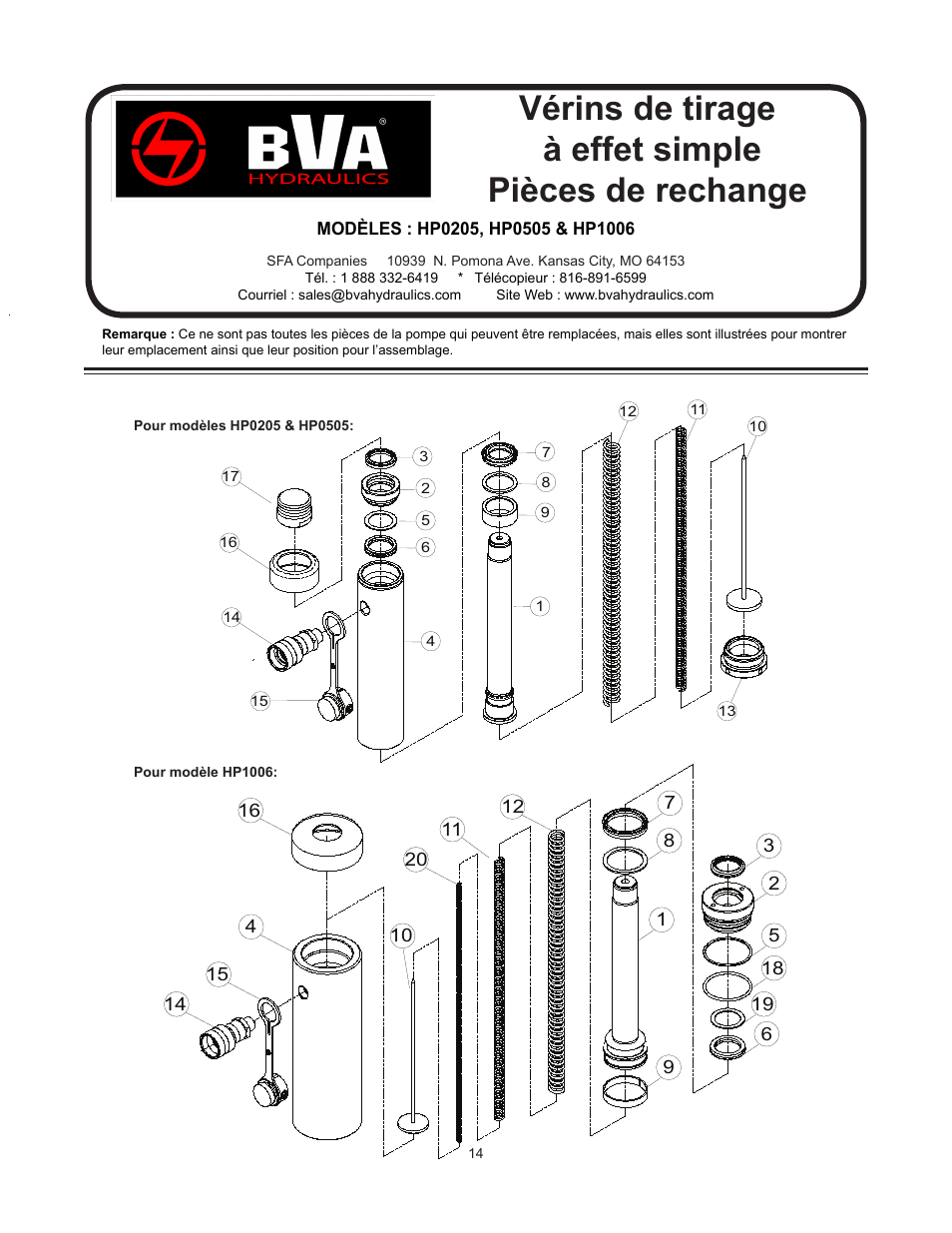 Vérins de tirage à effet simple pièces de rechange | BVA Hydraulics HP1006 User Manual | Page 14 / 24