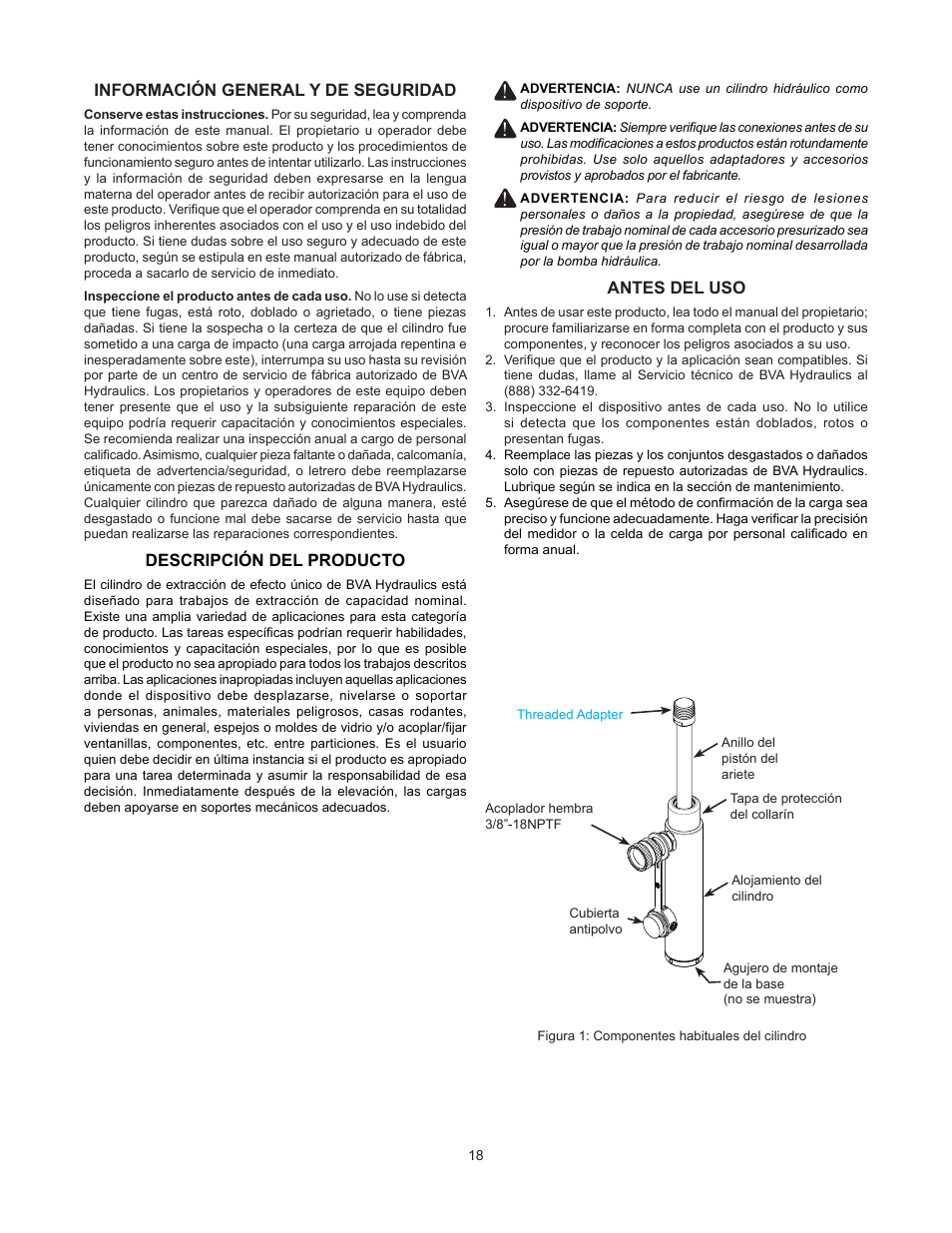 Información general y de seguridad, Descripción del producto, Antes del uso | BVA Hydraulics HP1006 User Manual | Page 18 / 24