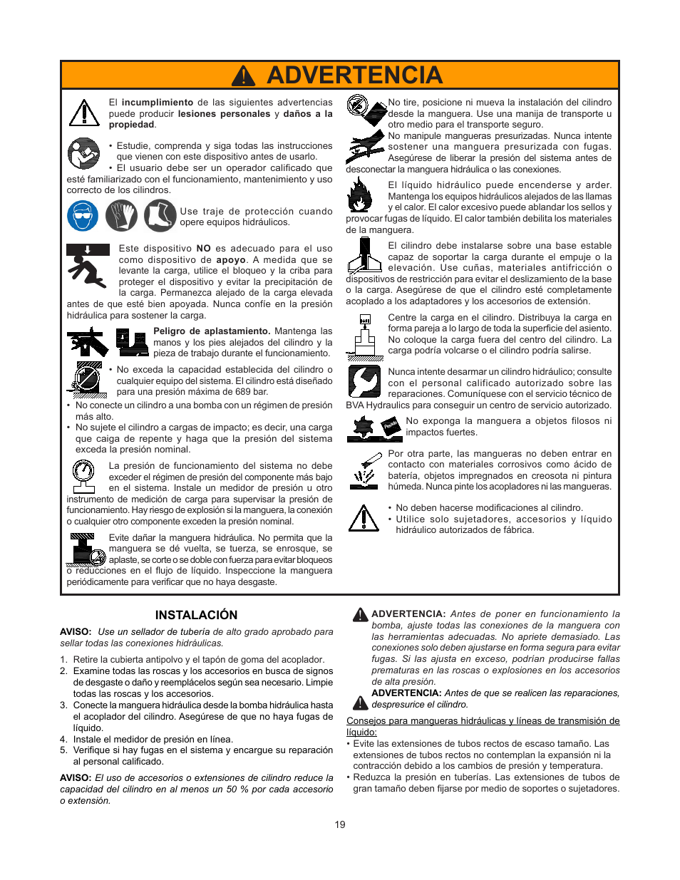 Advertencia, Instalación | BVA Hydraulics HP1006 User Manual | Page 19 / 24