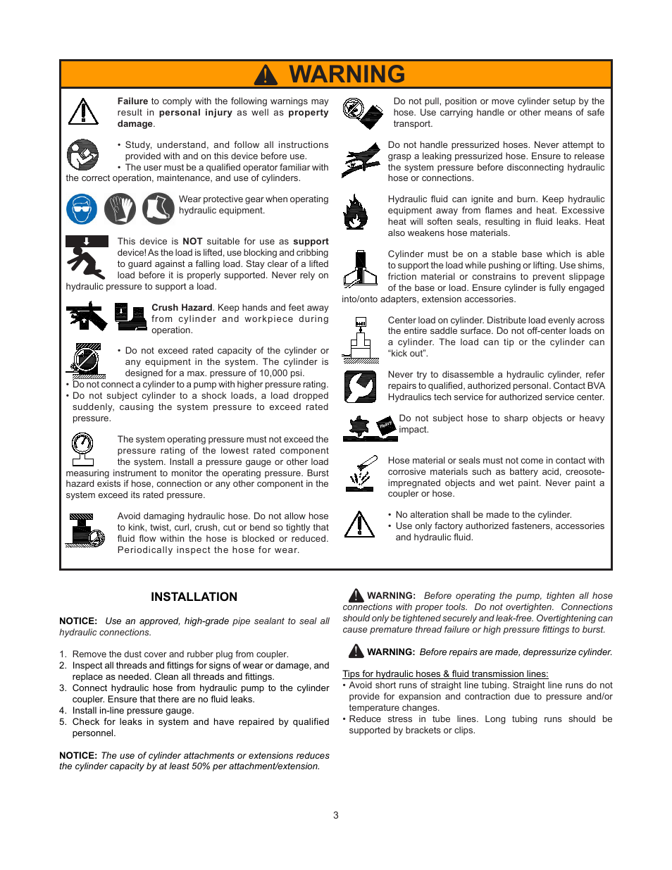 Warning, Installation | BVA Hydraulics HP1006 User Manual | Page 3 / 24