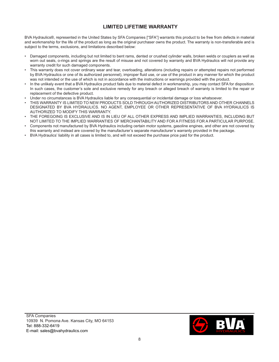 Limited lifetime warranty | BVA Hydraulics HP1006 User Manual | Page 8 / 24