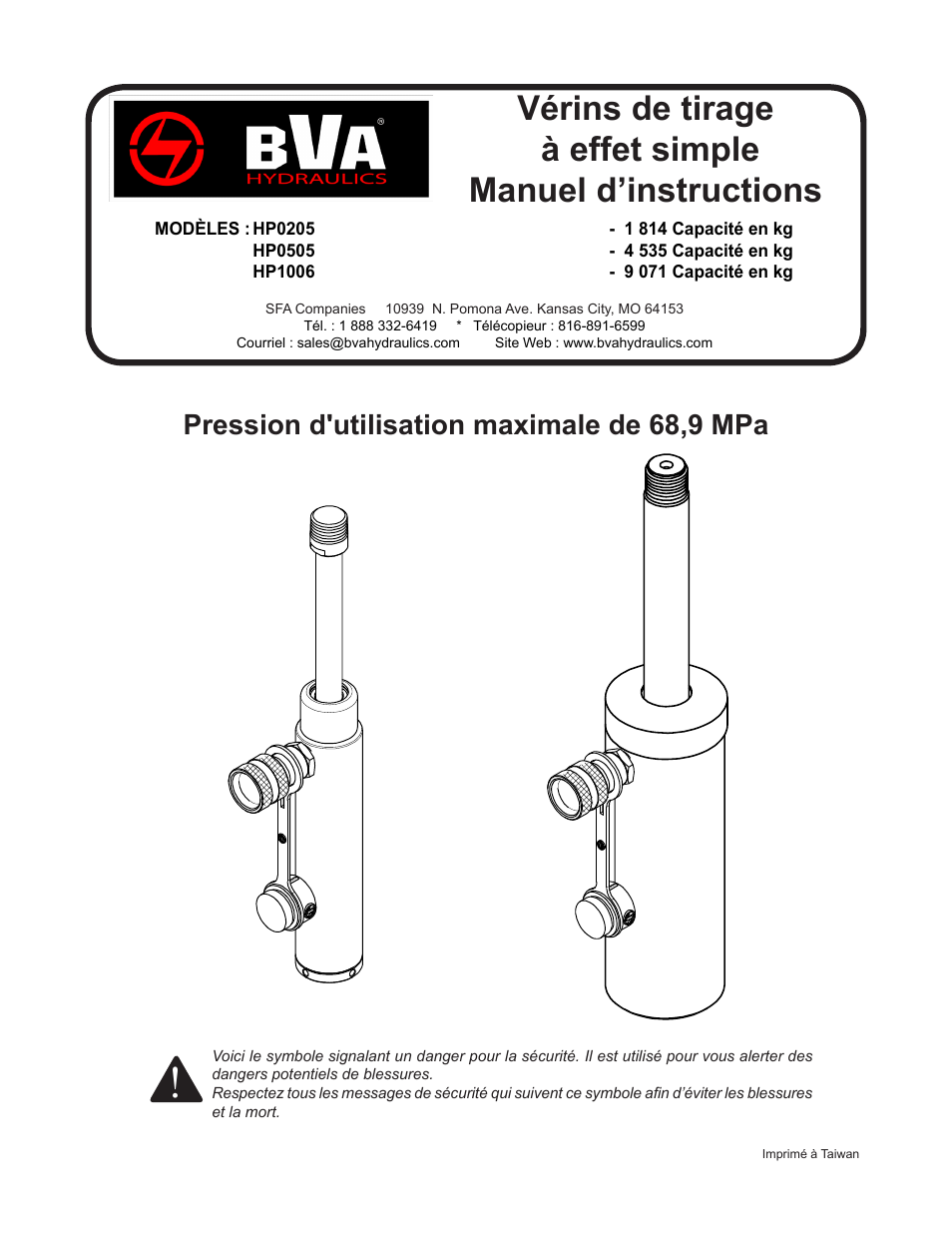 Pression d'utilisation maximale de 68,9 mpa | BVA Hydraulics HP1006 User Manual | Page 9 / 24
