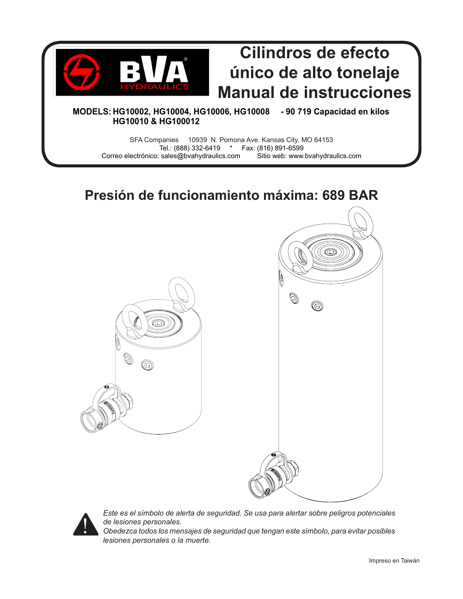 Presión de funcionamiento máxima: 689 bar | BVA Hydraulics HG100012 User Manual | Page 15 / 24