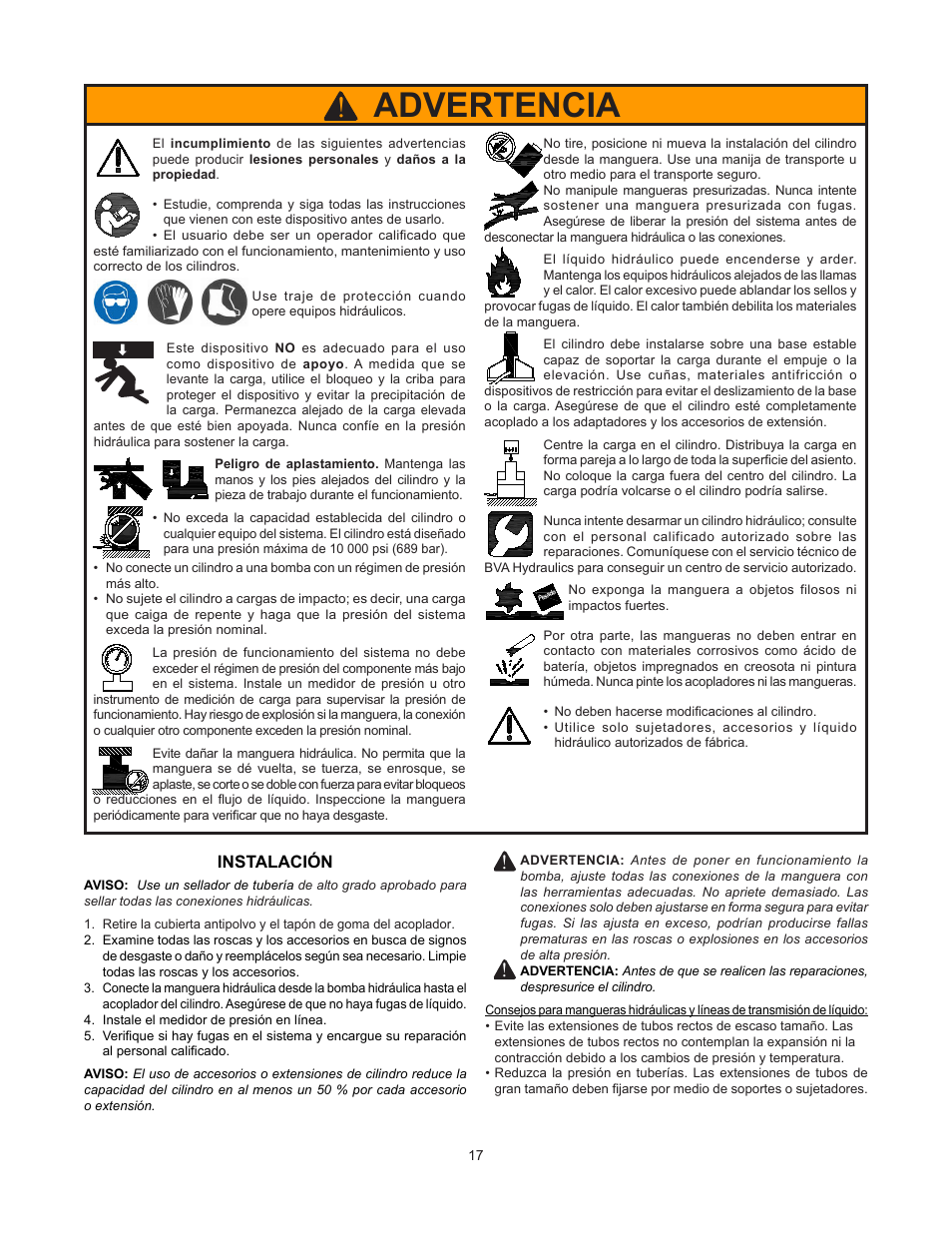 Advertencia, Instalación | BVA Hydraulics HG100012 User Manual | Page 17 / 24