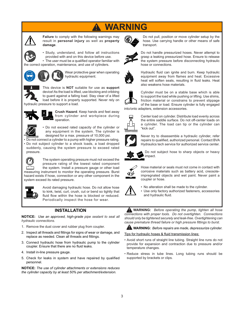 Warning, Installation | BVA Hydraulics HG100012 User Manual | Page 3 / 24