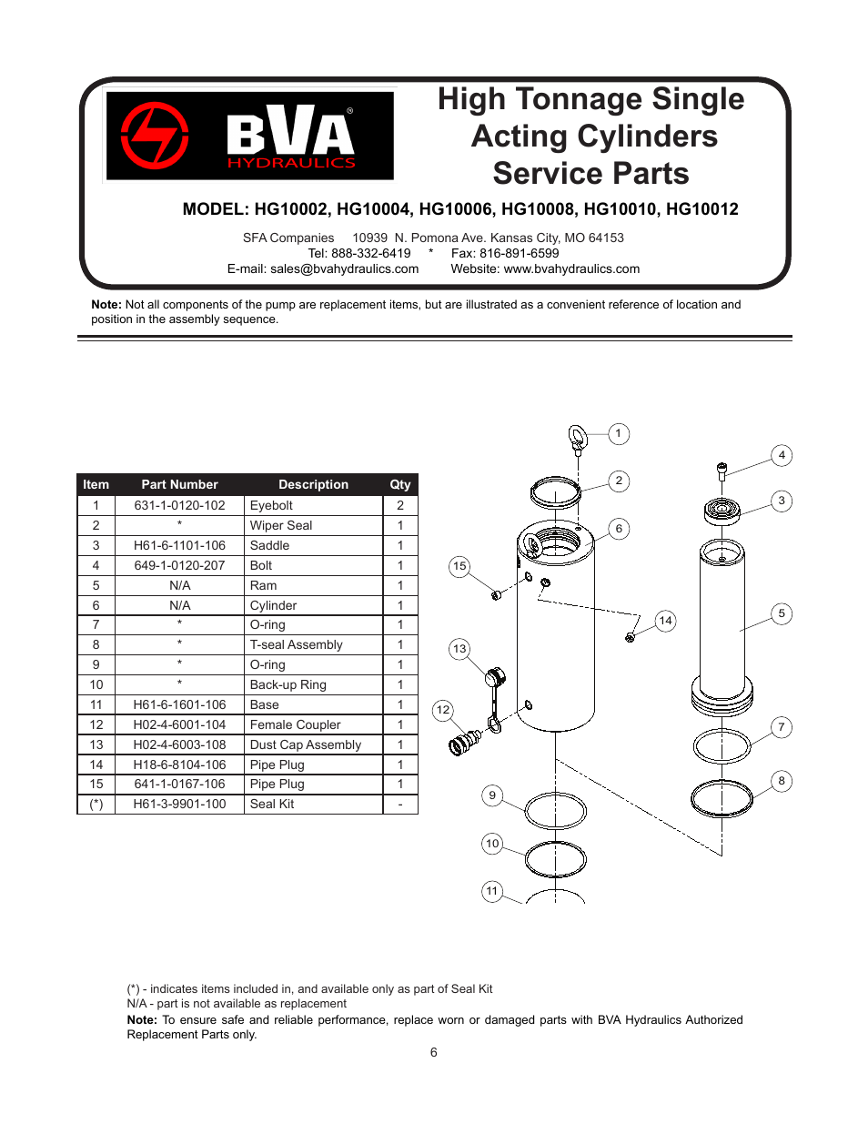 High tonnage single acting cylinders service parts | BVA Hydraulics HG100012 User Manual | Page 6 / 24