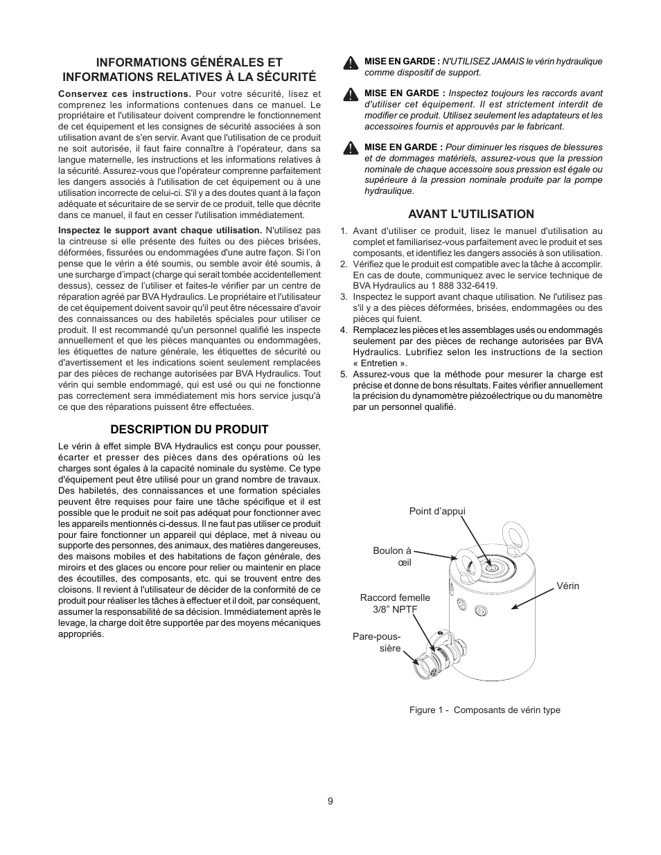 Avant l'utilisation, Description du produit | BVA Hydraulics HG100012 User Manual | Page 9 / 24