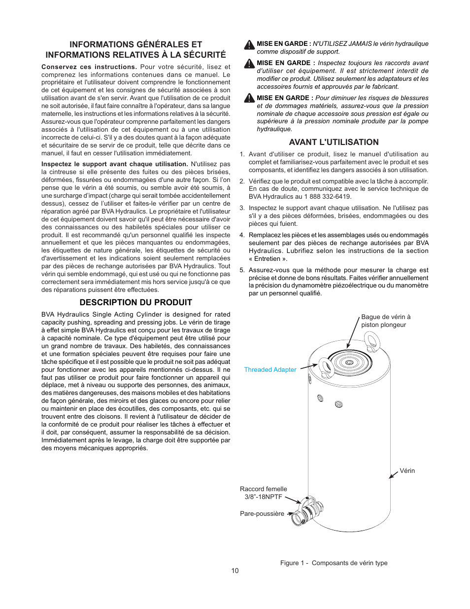 Description du produit, Avant l'utilisation | BVA Hydraulics HG20012 User Manual | Page 10 / 24