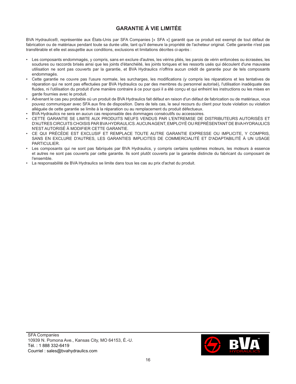 Garantie à vie limitée | BVA Hydraulics HG20012 User Manual | Page 16 / 24