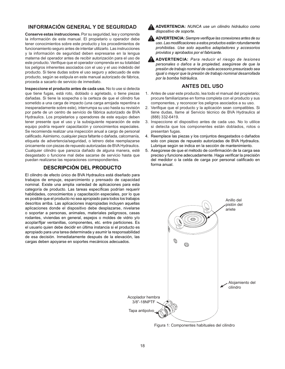 Información general y de seguridad, Descripción del producto, Antes del uso | BVA Hydraulics HG20012 User Manual | Page 18 / 24