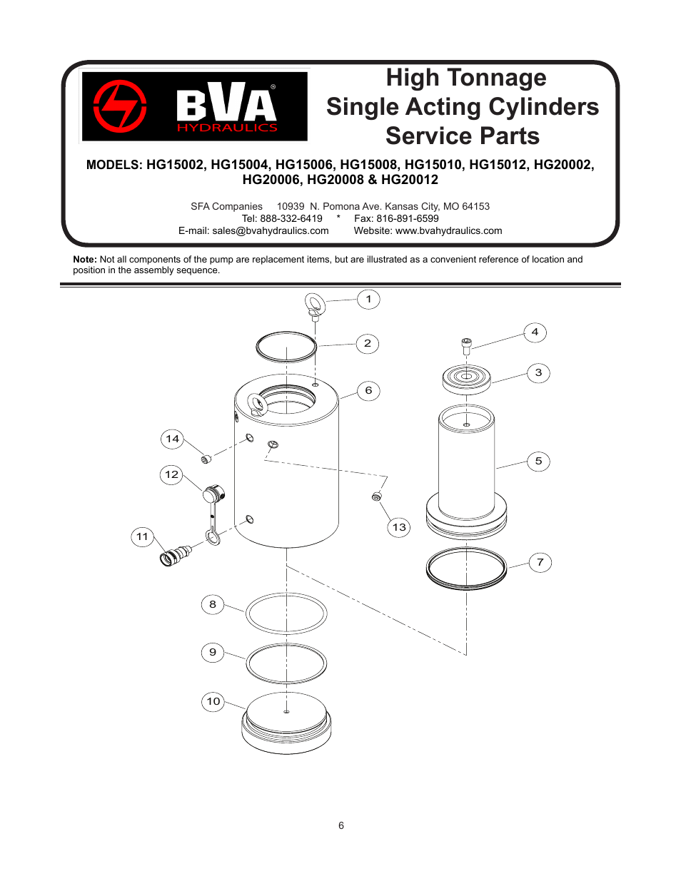 High tonnage single acting cylinders service parts | BVA Hydraulics HG20012 User Manual | Page 6 / 24