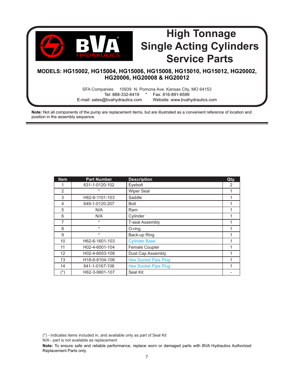 High tonnage single acting cylinders service parts | BVA Hydraulics HG20012 User Manual | Page 7 / 24