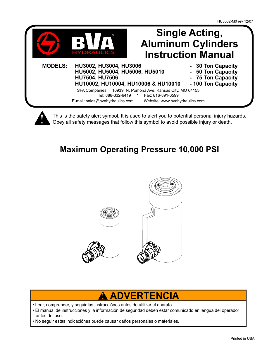 BVA Hydraulics HU10010 User Manual | 8 pages