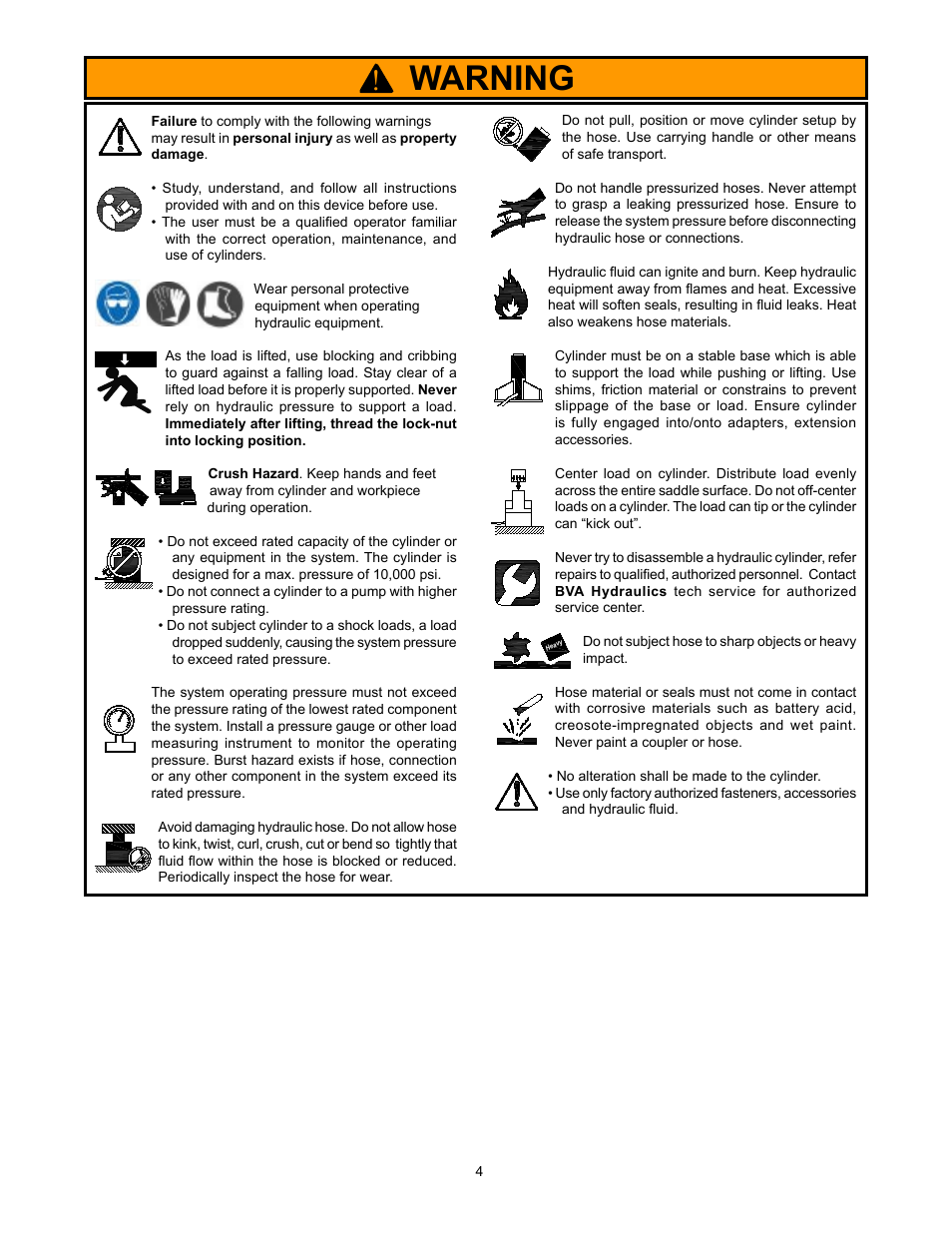 Warning | BVA Hydraulics HLNF20002 User Manual | Page 4 / 8