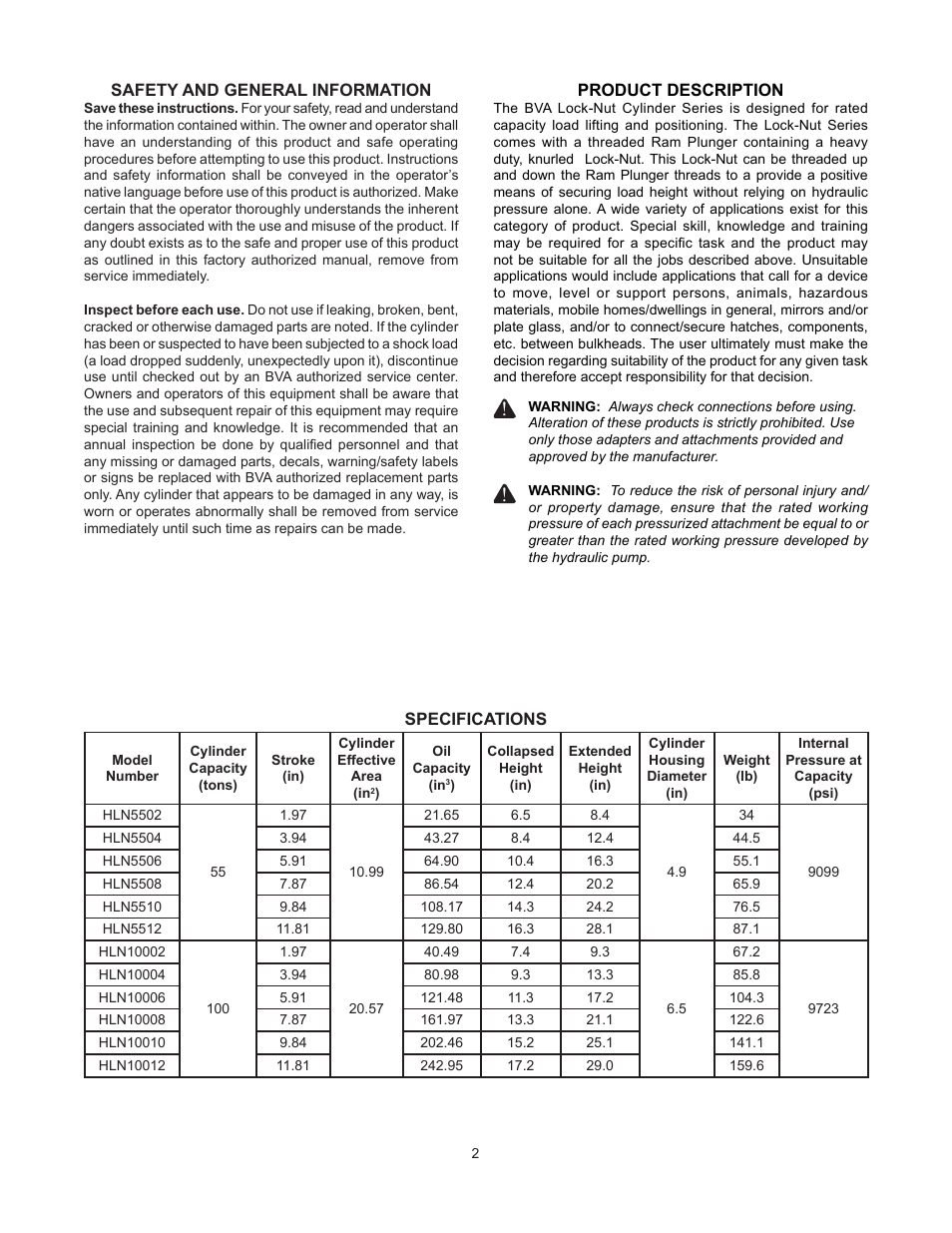BVA Hydraulics HLN5502--HLN10012 User Manual | Page 2 / 8