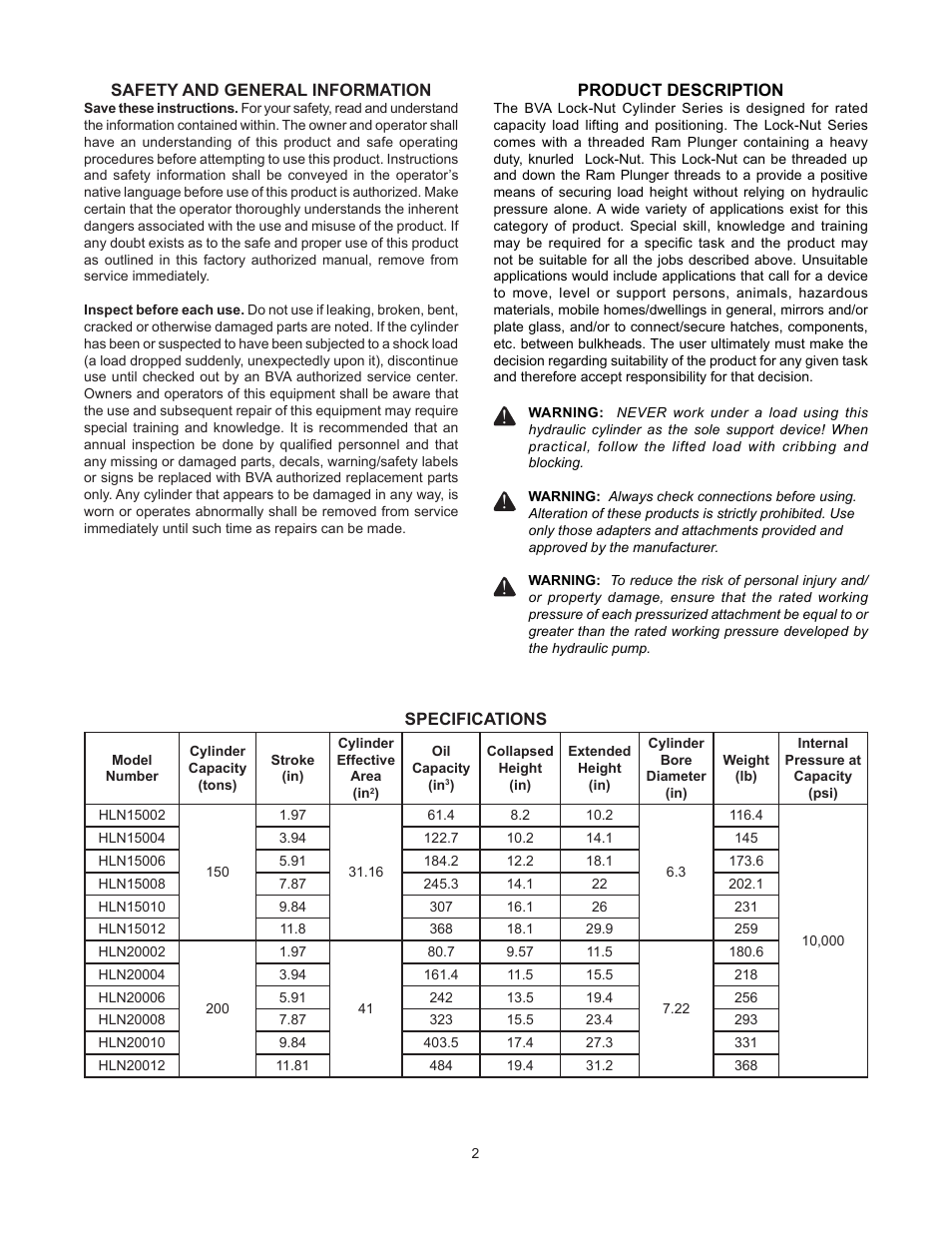 BVA Hydraulics HLN15002--HLN20012 User Manual | Page 2 / 8