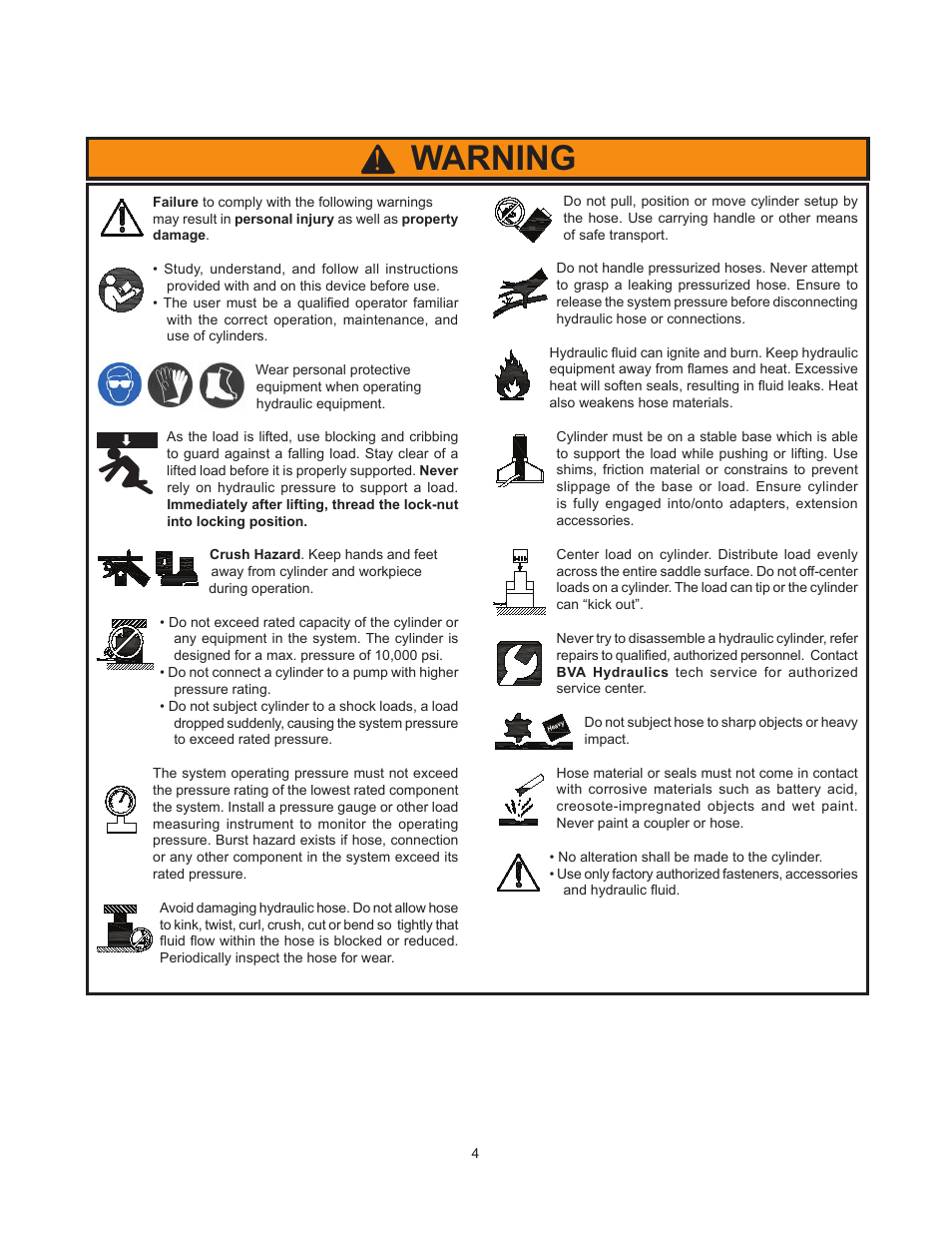 Warning | BVA Hydraulics HLN15002--HLN20012 User Manual | Page 4 / 8