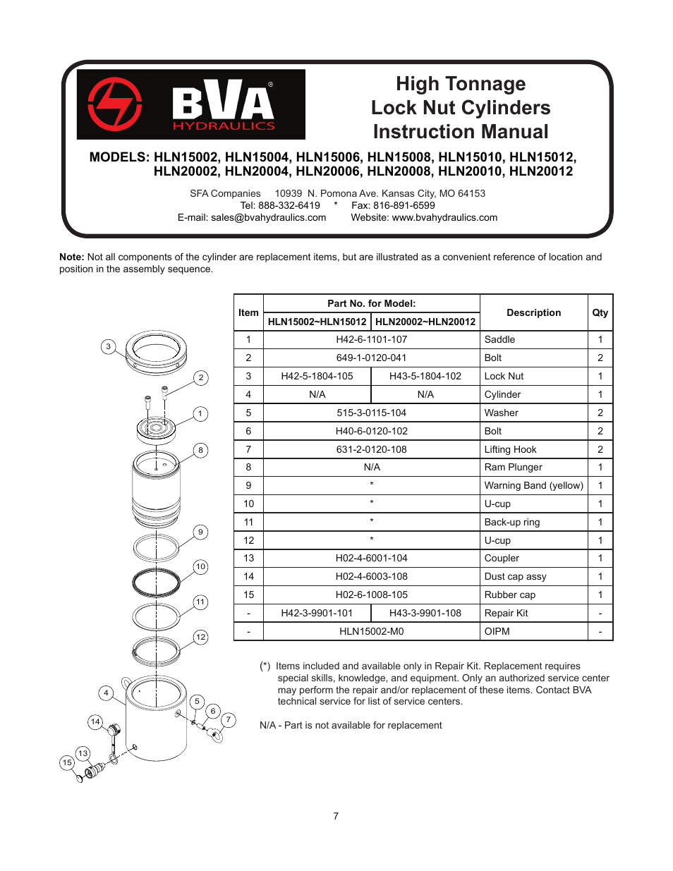 High tonnage lock nut cylinders instruction manual | BVA Hydraulics HLN15002--HLN20012 User Manual | Page 7 / 8