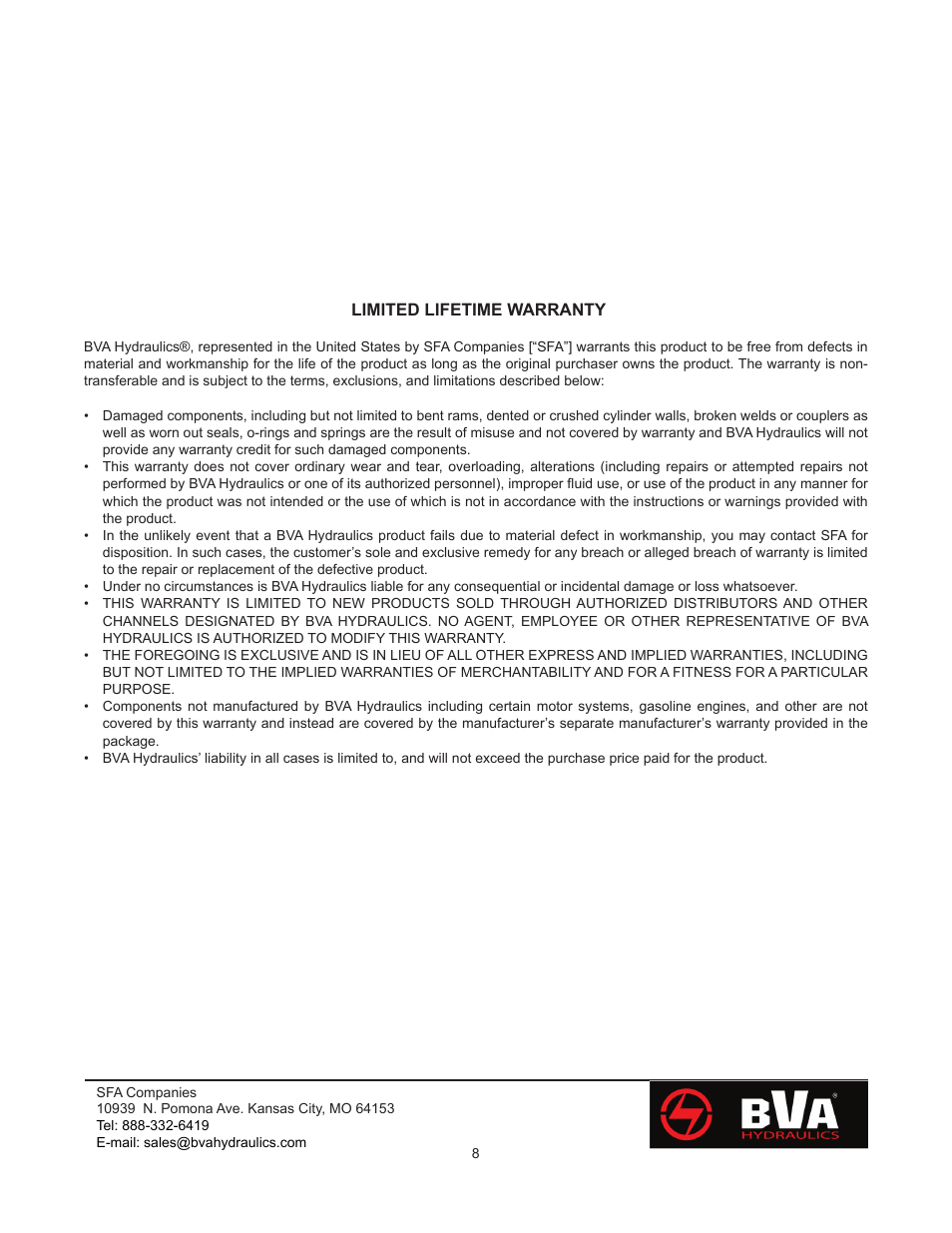 BVA Hydraulics HLN15002--HLN20012 User Manual | Page 8 / 8