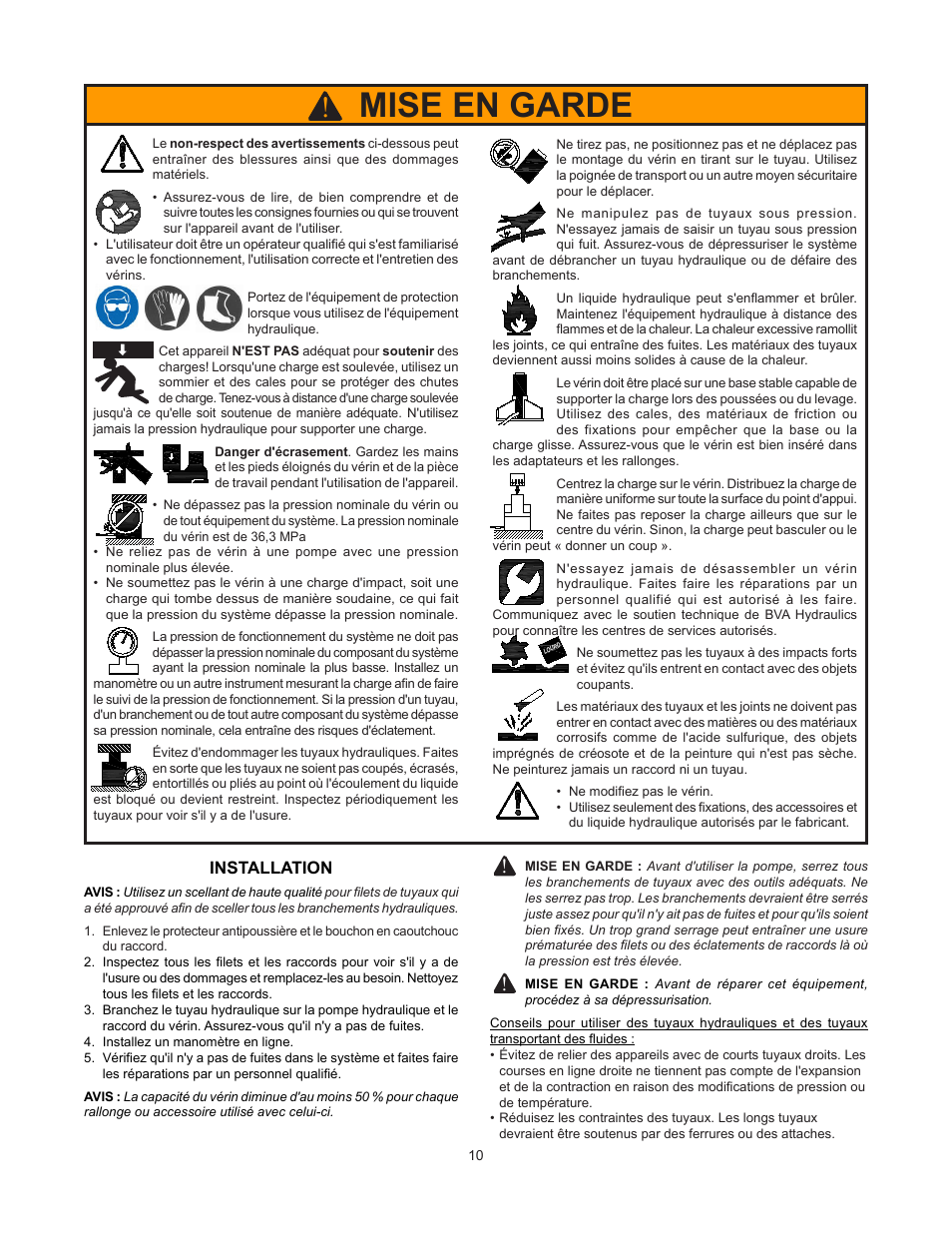 Mise en garde, Installation | BVA Hydraulics H0203 User Manual | Page 10 / 24
