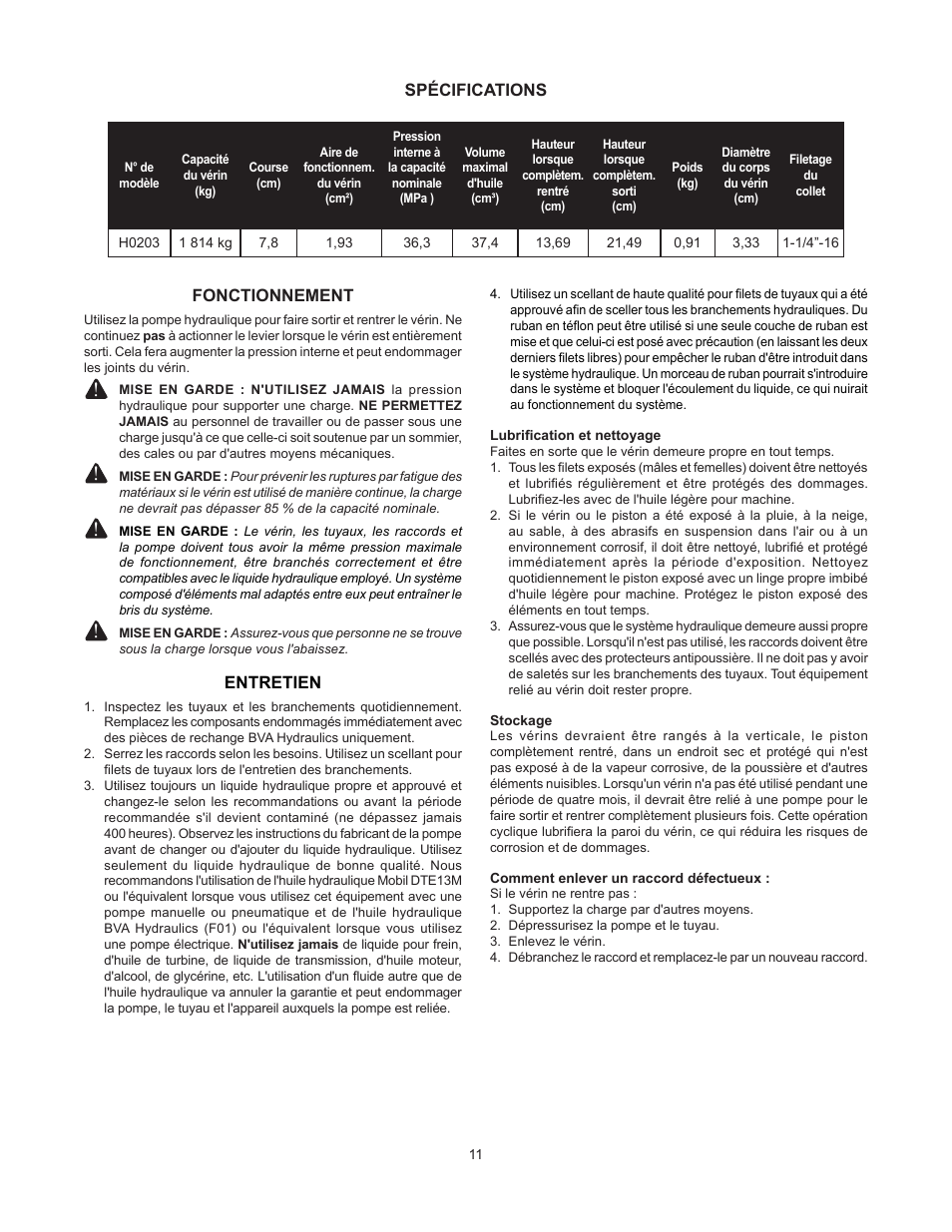 Spécifications, Fonctionnement, Entretien | BVA Hydraulics H0203 User Manual | Page 11 / 24