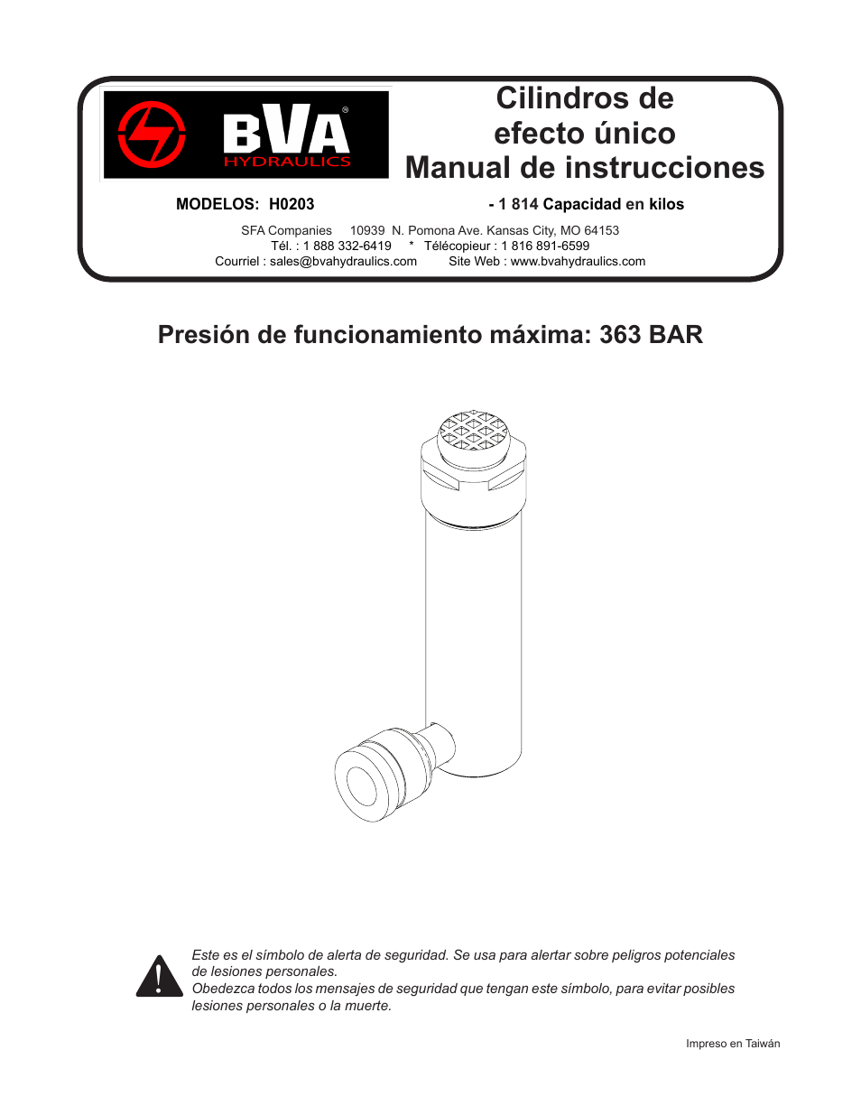 Cilindros de efecto único manual de instrucciones, Presión de funcionamiento máxima: 363 bar | BVA Hydraulics H0203 User Manual | Page 15 / 24