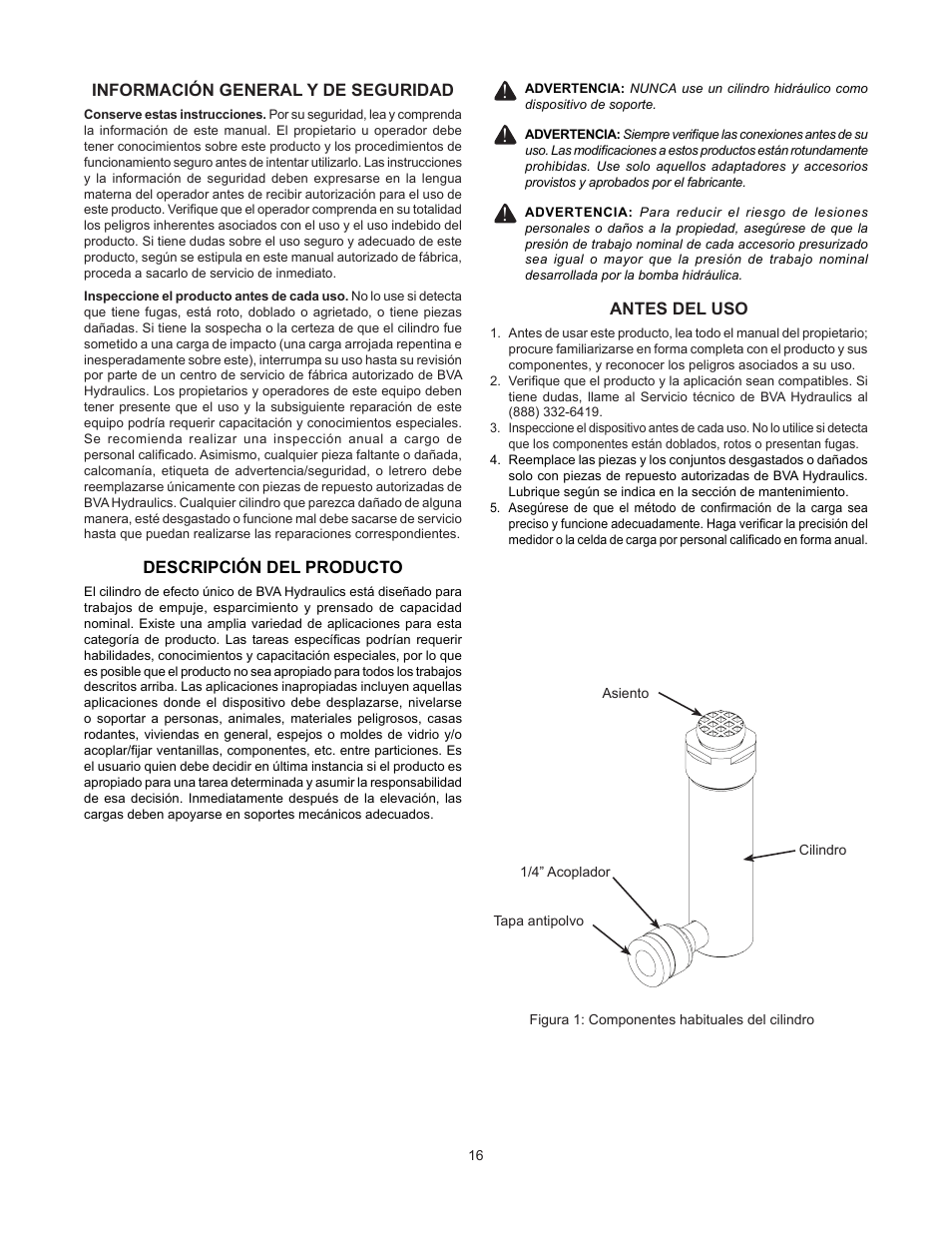 Antes del uso, Información general y de seguridad, Descripción del producto | BVA Hydraulics H0203 User Manual | Page 16 / 24