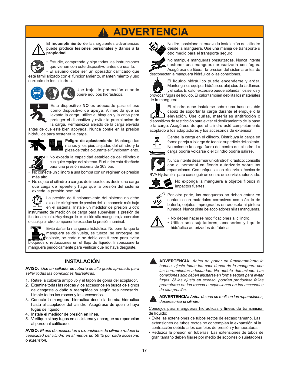 Advertencia, Instalación | BVA Hydraulics H0203 User Manual | Page 17 / 24