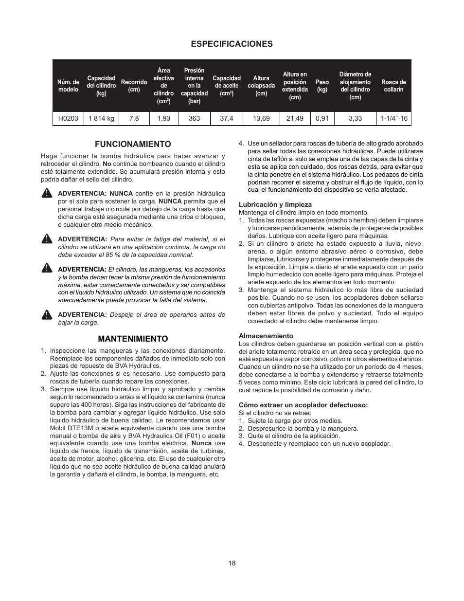 Especificaciones, Funcionamiento, Mantenimiento | BVA Hydraulics H0203 User Manual | Page 18 / 24