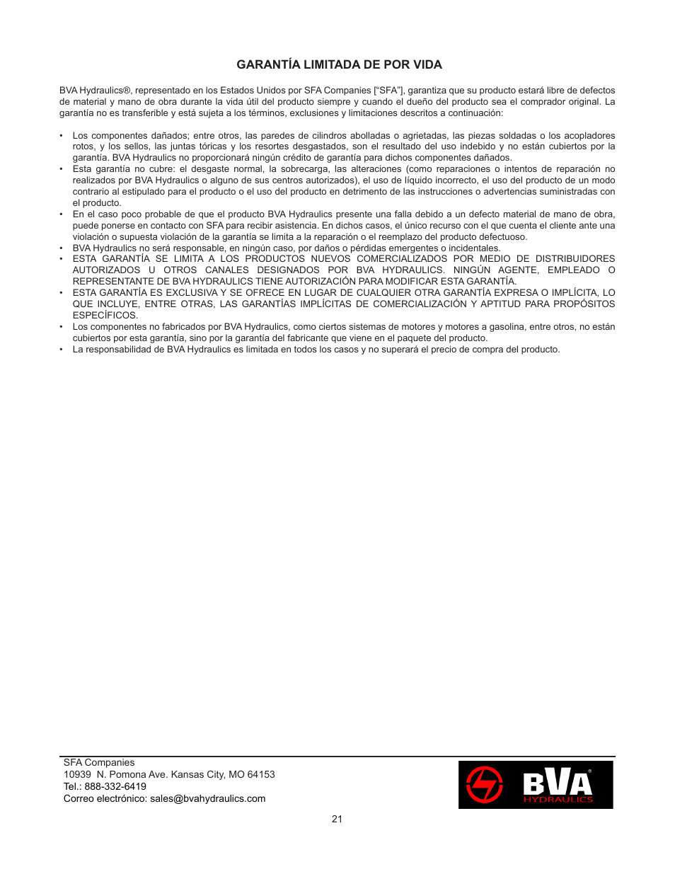 Garantía limitada de por vida | BVA Hydraulics H0203 User Manual | Page 21 / 24