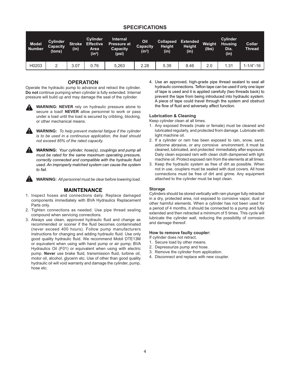 Specifications, Operation, Maintenance | BVA Hydraulics H0203 User Manual | Page 4 / 24